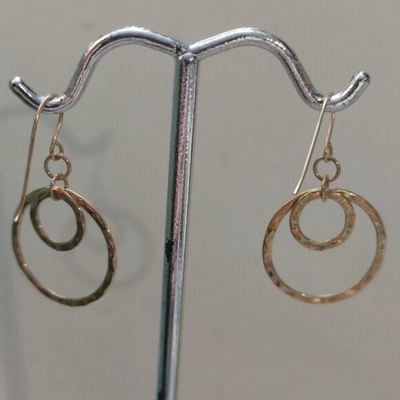 14K Yellow Gold Hammered Hoop Dangle Earrings Lightweight Double Loop Design - Picture 4 of 9